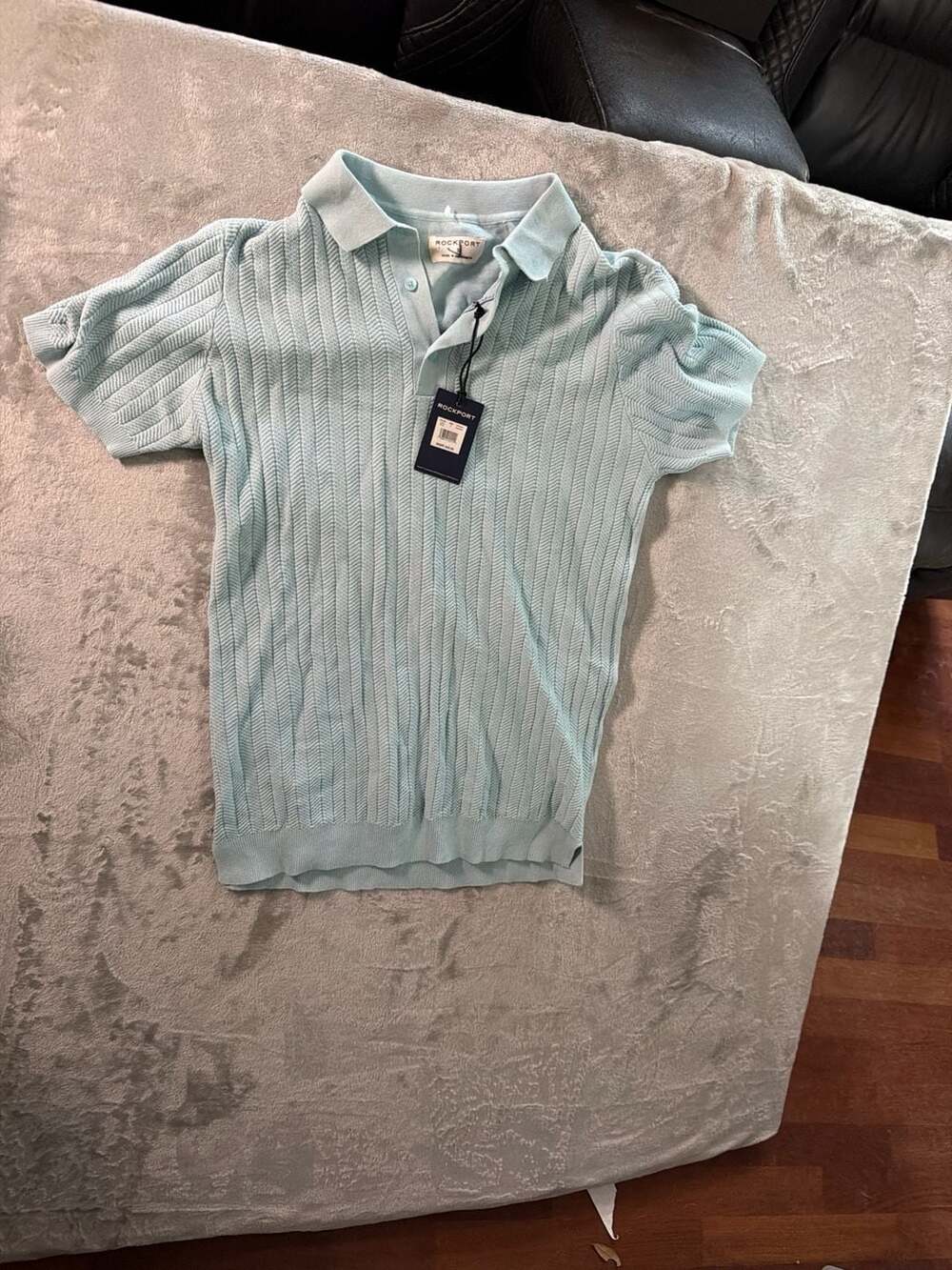 Rockport Men's Light Blue Short Sleeve Ribbed Knit Sweater Polo